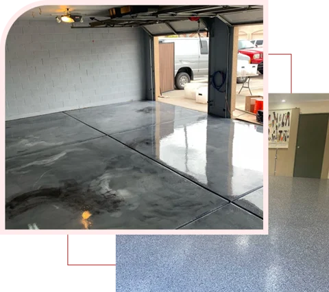metallic-gray epoxy floor with a swirled pattern in an empty garage
